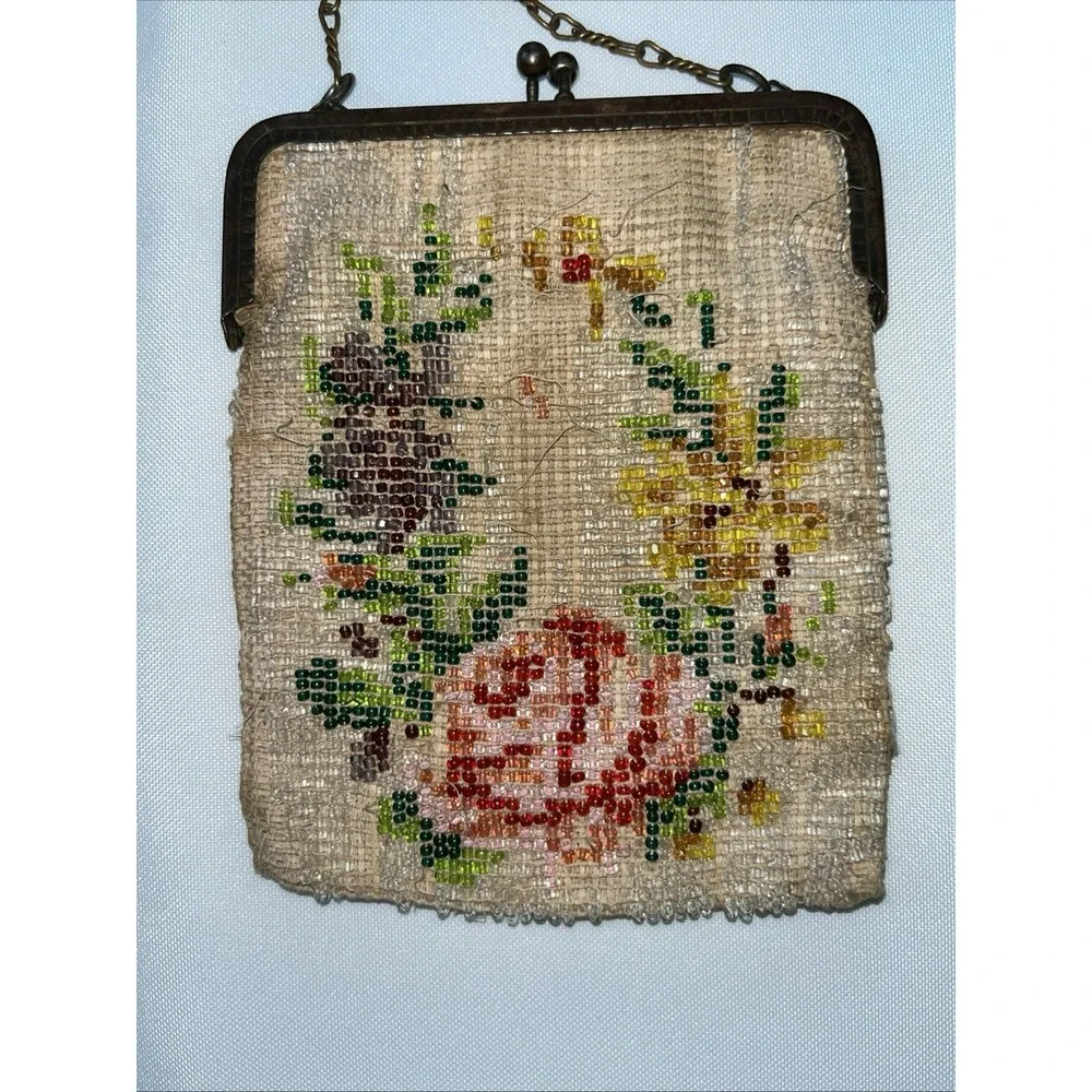 As Is Antique Micro Beaded Purse Floral For Repair Parts Crafting 1920's Frame